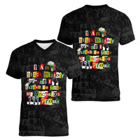 I Am Black History And I Strive To Make My Ancestor Proud Women V-Neck T-Shirt with Ancestral Collage Background and Afrocentric Lettering - Wonder Print Shop