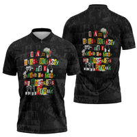I Am Black History And I Strive To Make My Ancestor Proud Zipper Polo Shirt with Ancestral Collage Background and Afrocentric Lettering - Wonder Print Shop
