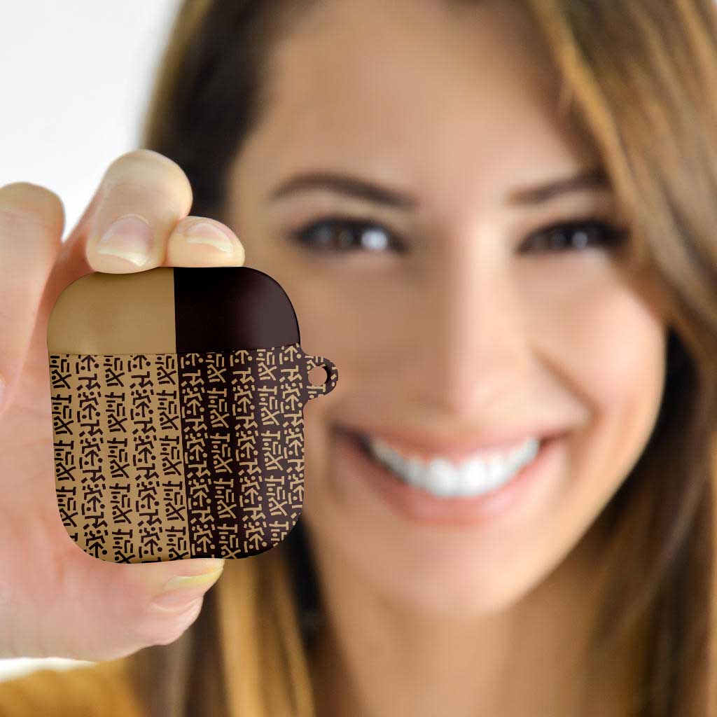 Tribe Script AirPods Case with Bold Mudcloth Symbols and Brown Tan Split Design - Wonder Print Shop