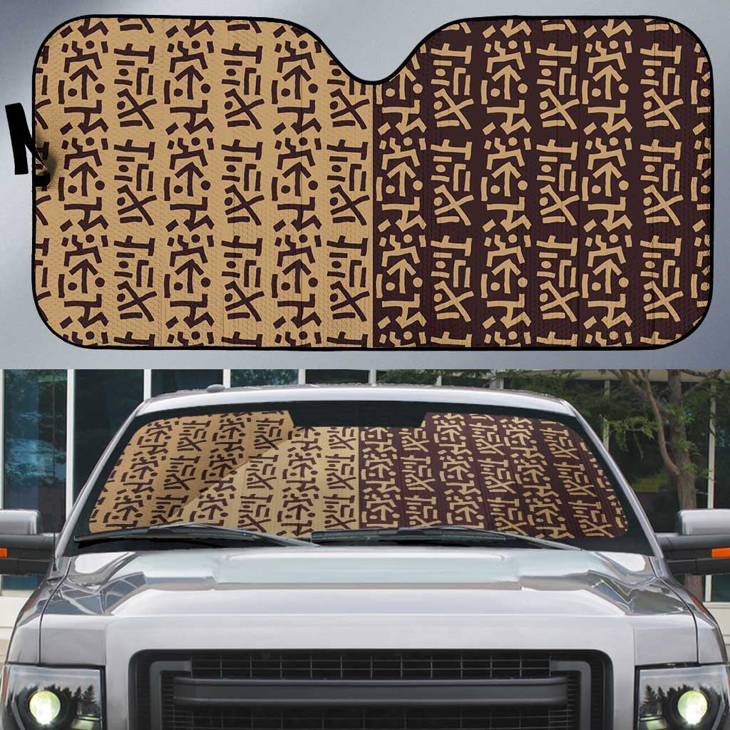 Tribe Script Auto Sun Shade with Bold Mudcloth Symbols and Brown Tan Split Design - Wonder Print Shop