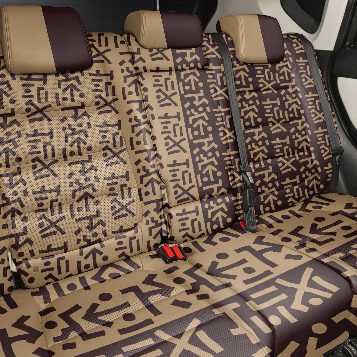 Tribe Script Back Car Seat Cover with Bold Mudcloth Symbols and Brown Tan Split Design - Wonder Print Shop