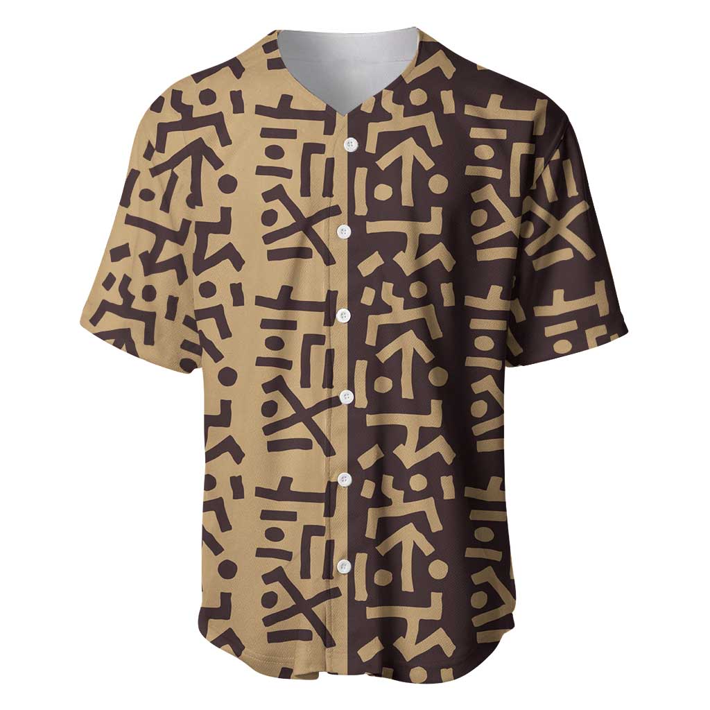 Tribe Script Baseball Jersey with Bold Mudcloth Symbols and Brown Tan Split Design - Wonder Print Shop