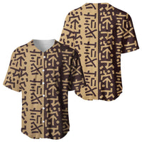 Tribe Script Baseball Jersey with Bold Mudcloth Symbols and Brown Tan Split Design - Wonder Print Shop