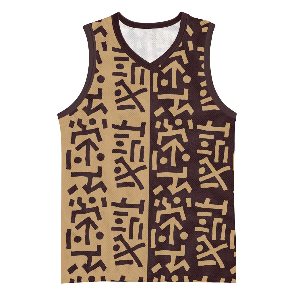 Tribe Script Basketball Jersey with Bold Mudcloth Symbols and Brown Tan Split Design - Wonder Print Shop