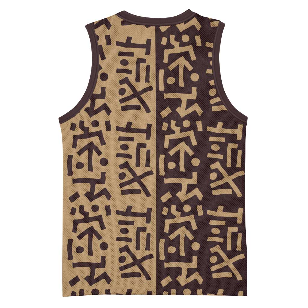 Tribe Script Basketball Jersey with Bold Mudcloth Symbols and Brown Tan Split Design - Wonder Print Shop