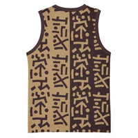 Tribe Script Basketball Jersey with Bold Mudcloth Symbols and Brown Tan Split Design - Wonder Print Shop