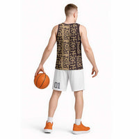 Tribe Script Basketball Jersey with Bold Mudcloth Symbols and Brown Tan Split Design - Wonder Print Shop