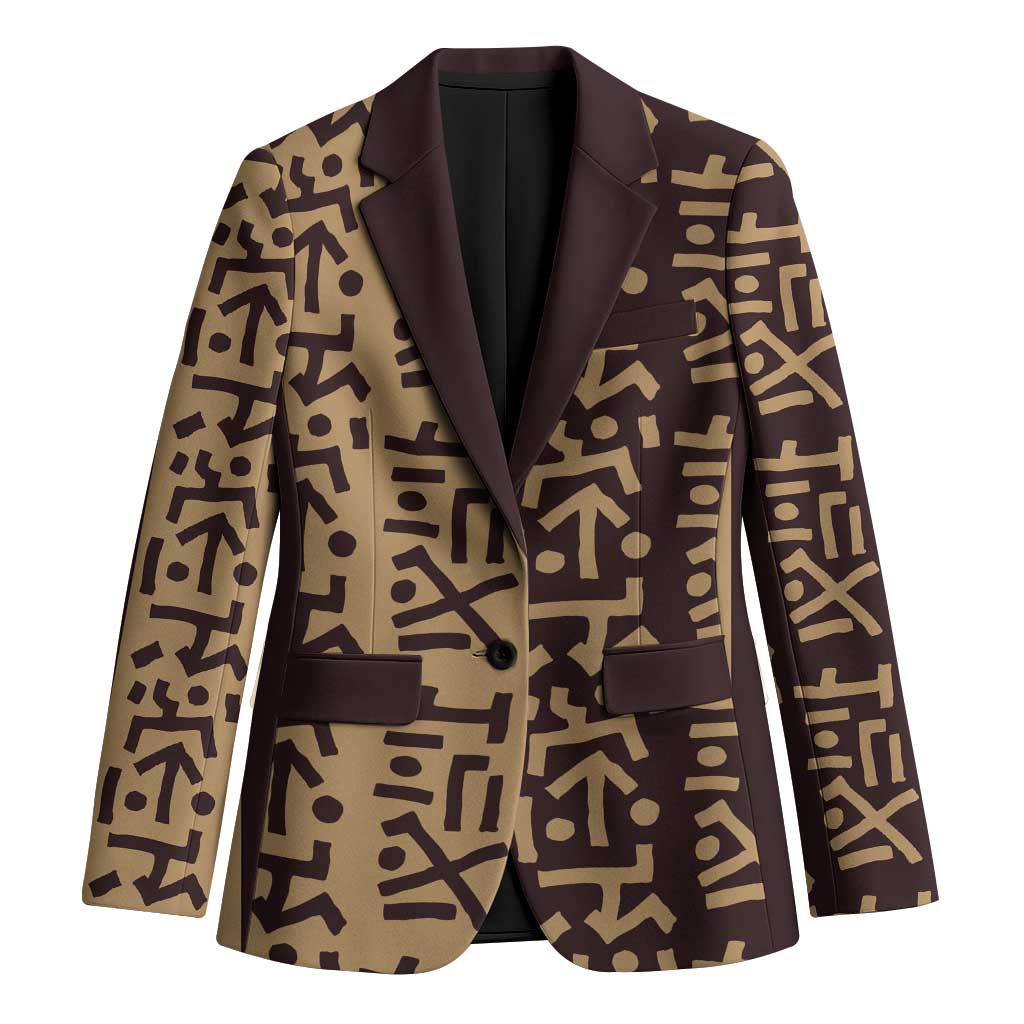 Tribe Script Blazer with Bold Mudcloth Symbols and Brown Tan Split Design - Wonder Print Shop