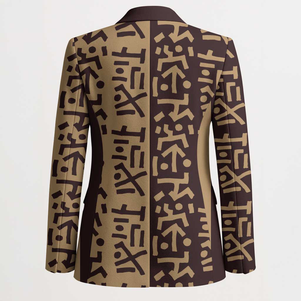 Tribe Script Blazer with Bold Mudcloth Symbols and Brown Tan Split Design - Wonder Print Shop