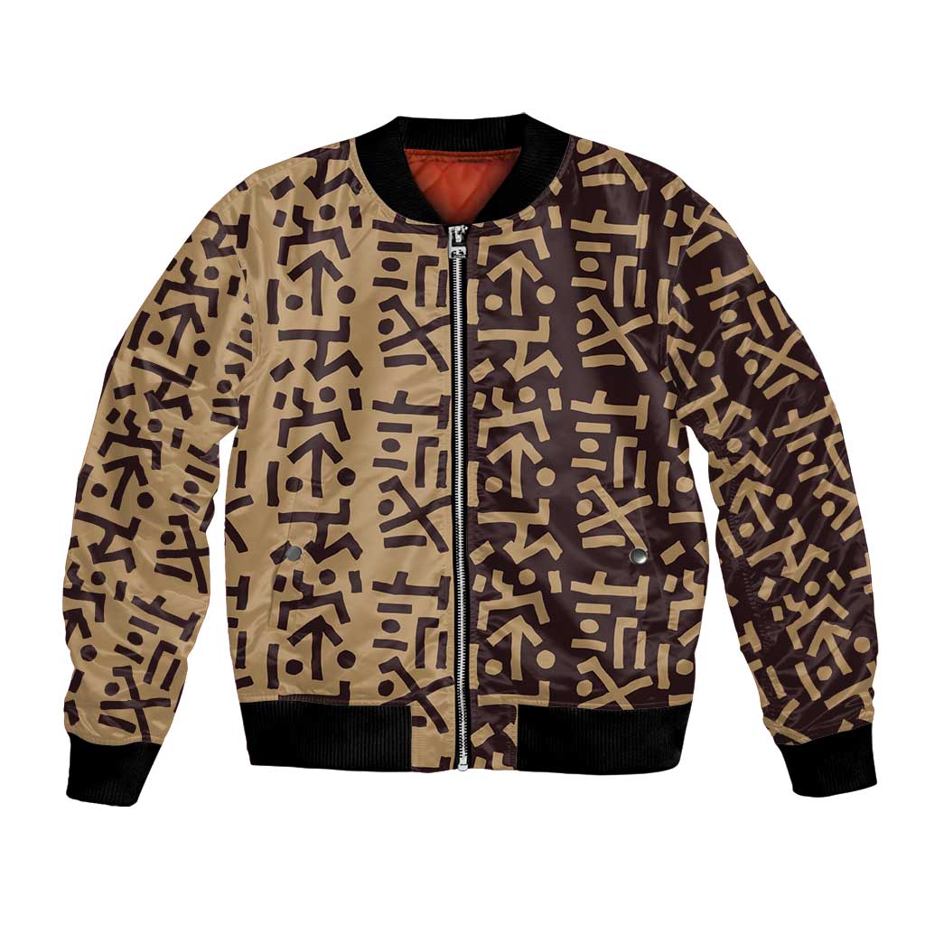 Tribe Script Bomber Jacket with Bold Mudcloth Symbols and Brown Tan Split Design - Wonder Print Shop