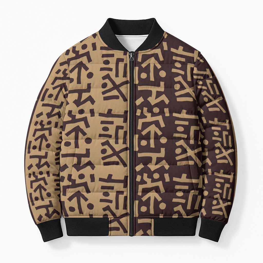 Tribe Script Bomber Puffer Jacket with Bold Mudcloth Symbols and Brown Tan Split Design - Wonder Print Shop