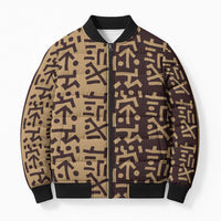 Tribe Script Bomber Puffer Jacket with Bold Mudcloth Symbols and Brown Tan Split Design - Wonder Print Shop