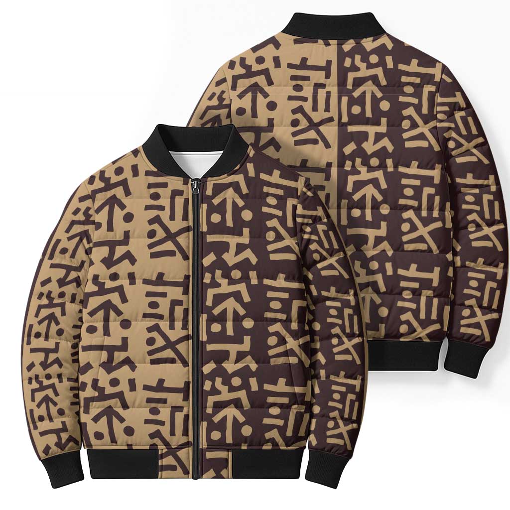 Tribe Script Bomber Puffer Jacket with Bold Mudcloth Symbols and Brown Tan Split Design - Wonder Print Shop