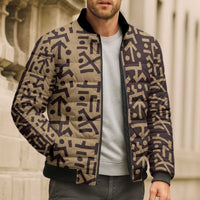 Tribe Script Bomber Puffer Jacket with Bold Mudcloth Symbols and Brown Tan Split Design - Wonder Print Shop