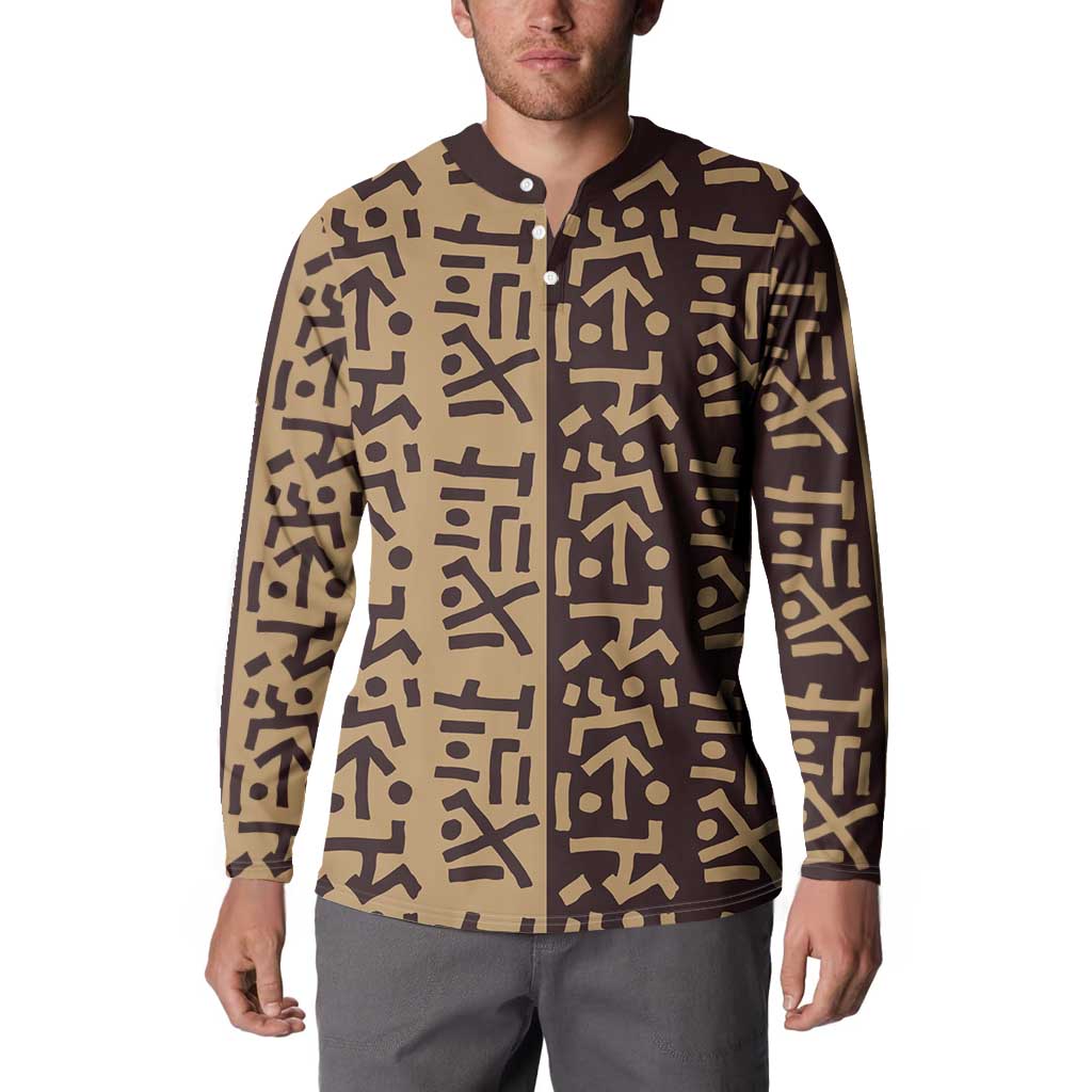 Tribe Script Button Sweatshirt with Bold Mudcloth Symbols and Brown Tan Split Design - Wonder Print Shop