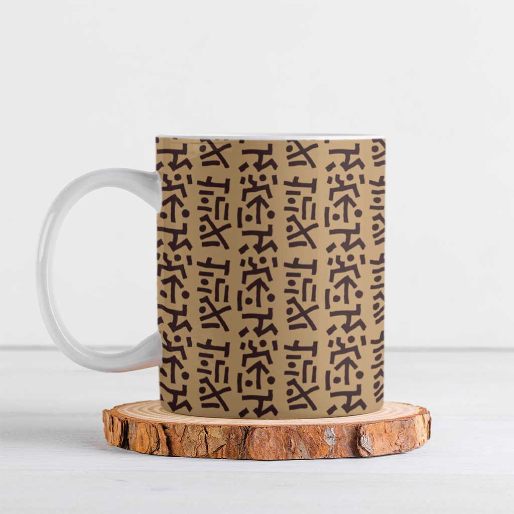 Tribe Script Ceramic Mug with Bold Mudcloth Symbols and Brown Tan Split Design - Wonder Print Shop