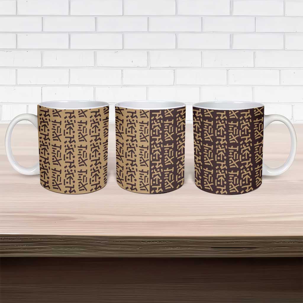 Tribe Script Ceramic Mug with Bold Mudcloth Symbols and Brown Tan Split Design - Wonder Print Shop