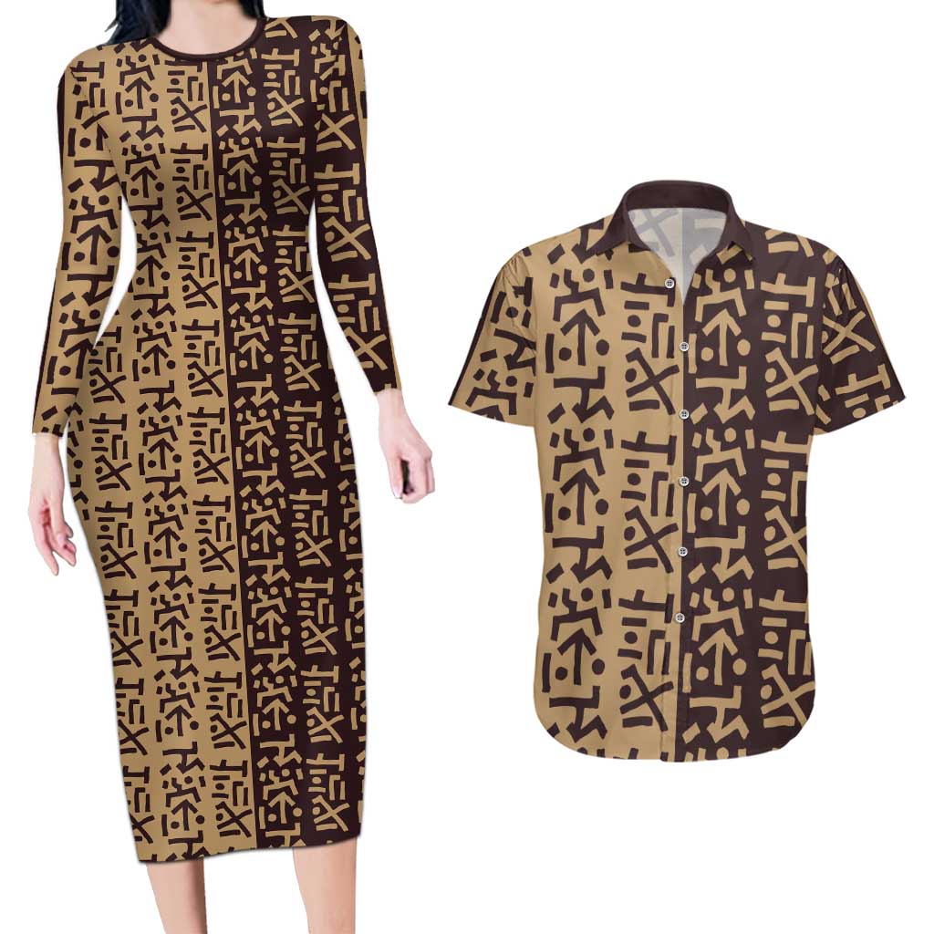 Tribe Script Couples Matching Long Sleeve Bodycon Dress and Hawaiian Shirt with Bold Mudcloth Symbols and Brown Tan Split Design - Wonder Print Shop