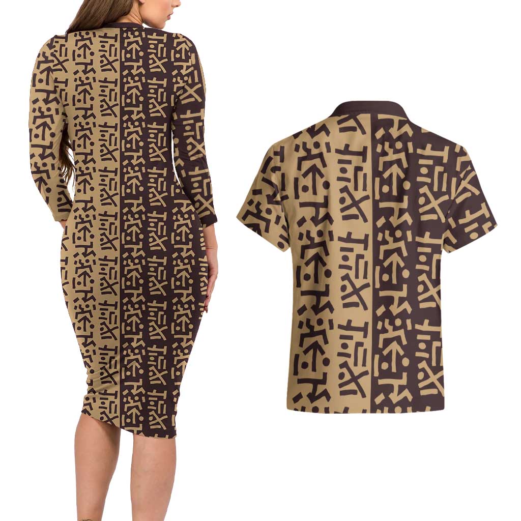 Tribe Script Couples Matching Long Sleeve Bodycon Dress and Hawaiian Shirt with Bold Mudcloth Symbols and Brown Tan Split Design - Wonder Print Shop