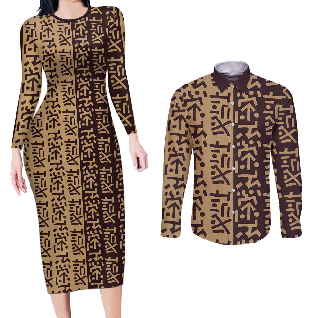 Tribe Script Couples Matching Long Sleeve Bodycon Dress and Long Sleeve Button Shirt with Bold Mudcloth Symbols and Brown Tan Split Design - Wonder Print Shop