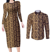 Tribe Script Couples Matching Long Sleeve Bodycon Dress and Long Sleeve Button Shirt with Bold Mudcloth Symbols and Brown Tan Split Design - Wonder Print Shop