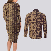 Tribe Script Couples Matching Long Sleeve Bodycon Dress and Long Sleeve Button Shirt with Bold Mudcloth Symbols and Brown Tan Split Design - Wonder Print Shop