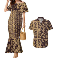 Tribe Script Couples Matching Mermaid Dress and Hawaiian Shirt with Bold Mudcloth Symbols and Brown Tan Split Design - Wonder Print Shop
