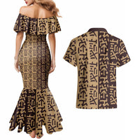 Tribe Script Couples Matching Mermaid Dress and Hawaiian Shirt with Bold Mudcloth Symbols and Brown Tan Split Design - Wonder Print Shop