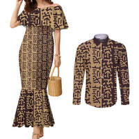 Tribe Script Couples Matching Mermaid Dress and Long Sleeve Button Shirt with Bold Mudcloth Symbols and Brown Tan Split Design - Wonder Print Shop