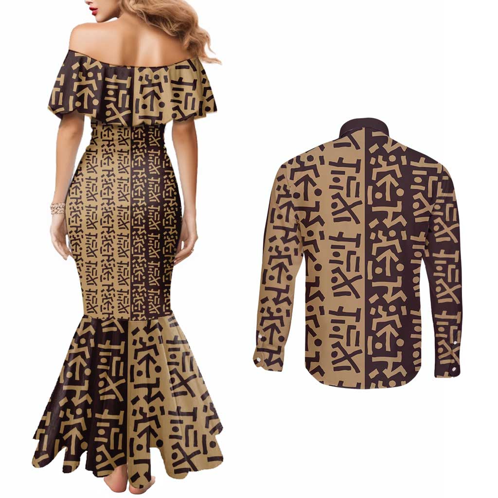 Tribe Script Couples Matching Mermaid Dress and Long Sleeve Button Shirt with Bold Mudcloth Symbols and Brown Tan Split Design - Wonder Print Shop