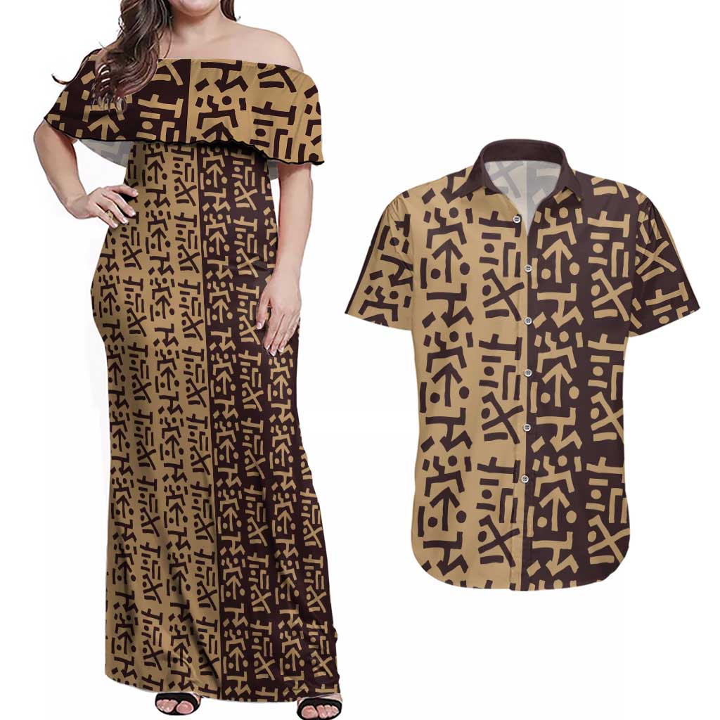 Tribe Script Couples Matching Off Shoulder Maxi Dress and Hawaiian Shirt with Bold Mudcloth Symbols and Brown Tan Split Design - Wonder Print Shop