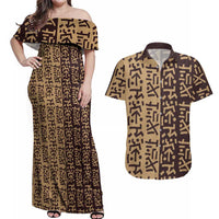 Tribe Script Couples Matching Off Shoulder Maxi Dress and Hawaiian Shirt with Bold Mudcloth Symbols and Brown Tan Split Design - Wonder Print Shop