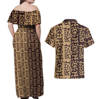 Tribe Script Couples Matching Off Shoulder Maxi Dress and Hawaiian Shirt with Bold Mudcloth Symbols and Brown Tan Split Design - Wonder Print Shop