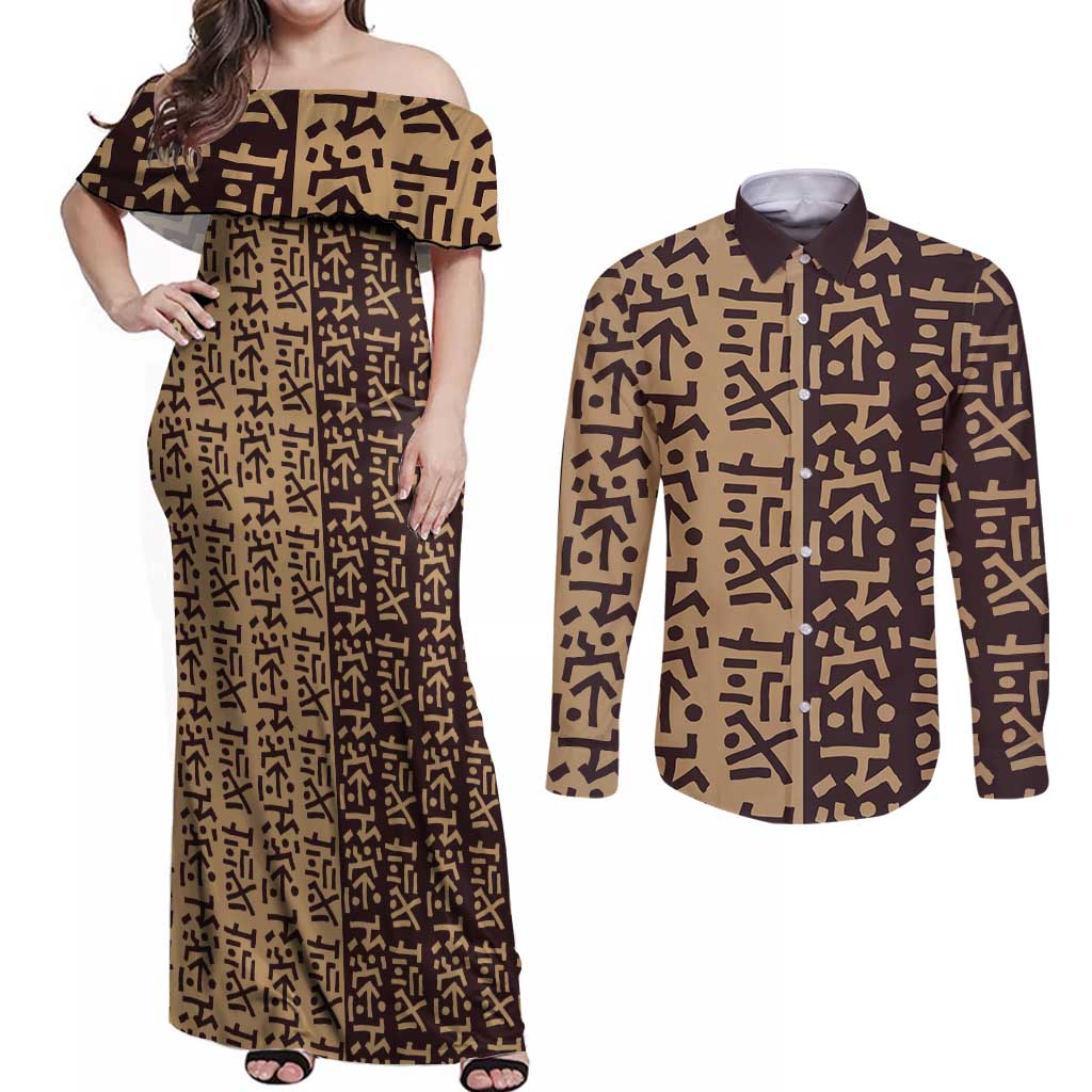Tribe Script Couples Matching Off Shoulder Maxi Dress and Long Sleeve Button Shirt with Bold Mudcloth Symbols and Brown Tan Split Design - Wonder Print Shop