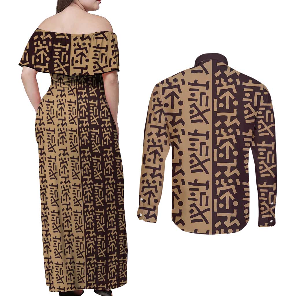 Tribe Script Couples Matching Off Shoulder Maxi Dress and Long Sleeve Button Shirt with Bold Mudcloth Symbols and Brown Tan Split Design - Wonder Print Shop