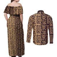 Tribe Script Couples Matching Off Shoulder Maxi Dress and Long Sleeve Button Shirt with Bold Mudcloth Symbols and Brown Tan Split Design - Wonder Print Shop