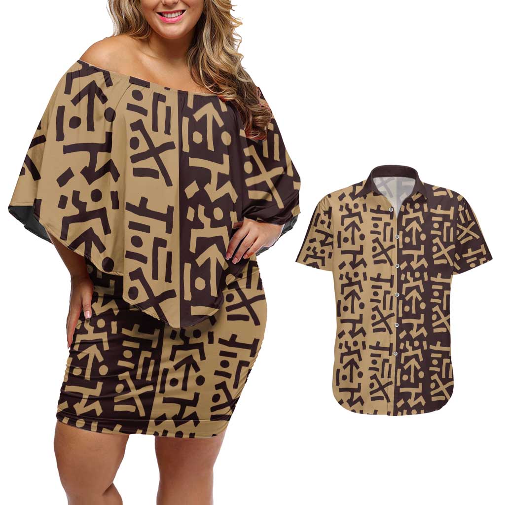 Tribe Script Couples Matching Off Shoulder Short Dress and Hawaiian Shirt with Bold Mudcloth Symbols and Brown Tan Split Design - Wonder Print Shop