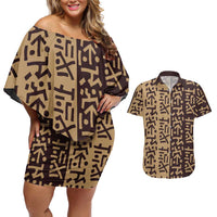 Tribe Script Couples Matching Off Shoulder Short Dress and Hawaiian Shirt with Bold Mudcloth Symbols and Brown Tan Split Design - Wonder Print Shop