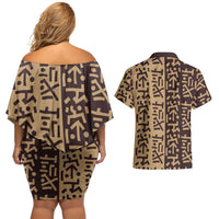 Tribe Script Couples Matching Off Shoulder Short Dress and Hawaiian Shirt with Bold Mudcloth Symbols and Brown Tan Split Design - Wonder Print Shop
