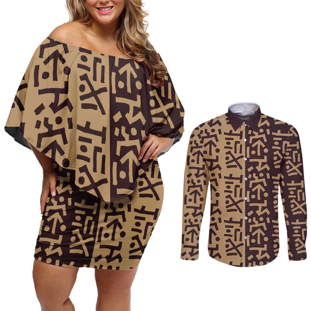 Tribe Script Couples Matching Off Shoulder Short Dress and Long Sleeve Button Shirt with Bold Mudcloth Symbols and Brown Tan Split Design - Wonder Print Shop