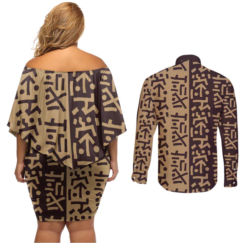 Tribe Script Couples Matching Off Shoulder Short Dress and Long Sleeve Button Shirt with Bold Mudcloth Symbols and Brown Tan Split Design - Wonder Print Shop