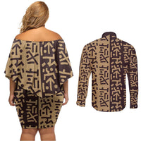 Tribe Script Couples Matching Off Shoulder Short Dress and Long Sleeve Button Shirt with Bold Mudcloth Symbols and Brown Tan Split Design - Wonder Print Shop