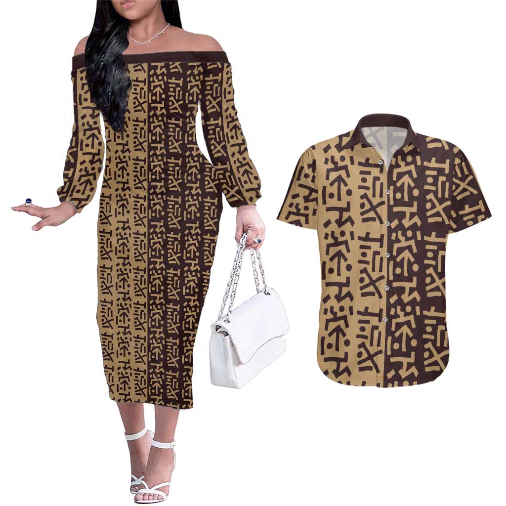 Tribe Script Couples Matching Off The Shoulder Long Sleeve Dress and Hawaiian Shirt with Bold Mudcloth Symbols and Brown Tan Split Design - Wonder Print Shop