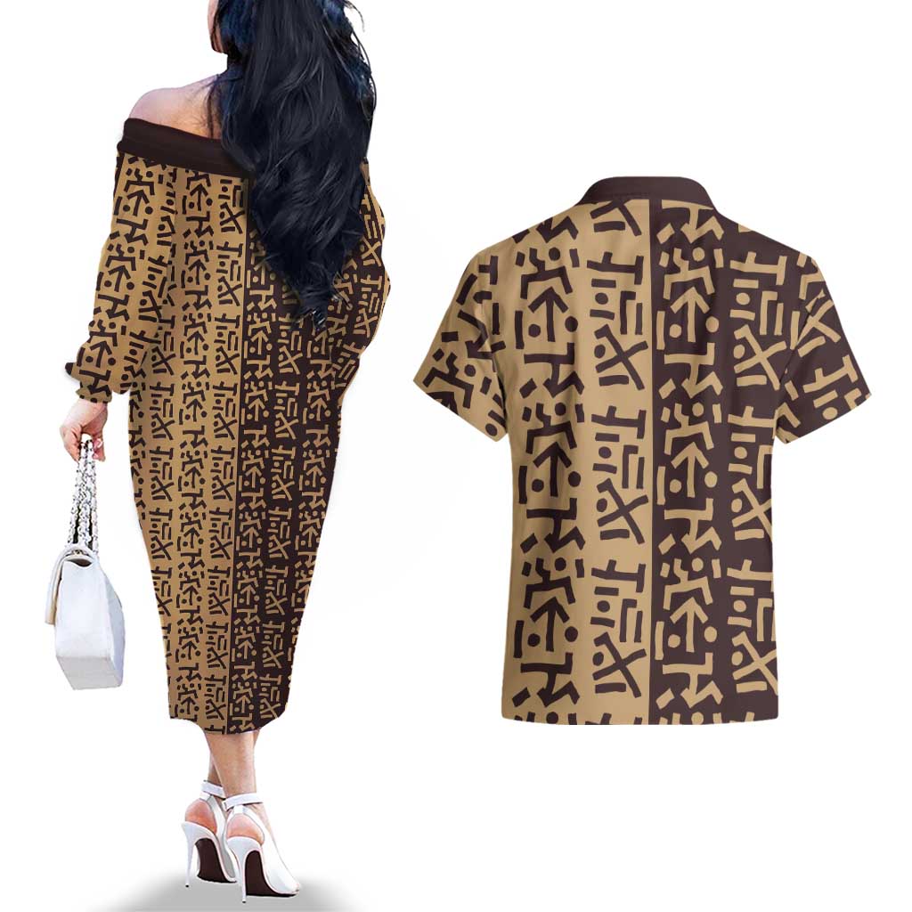Tribe Script Couples Matching Off The Shoulder Long Sleeve Dress and Hawaiian Shirt with Bold Mudcloth Symbols and Brown Tan Split Design - Wonder Print Shop