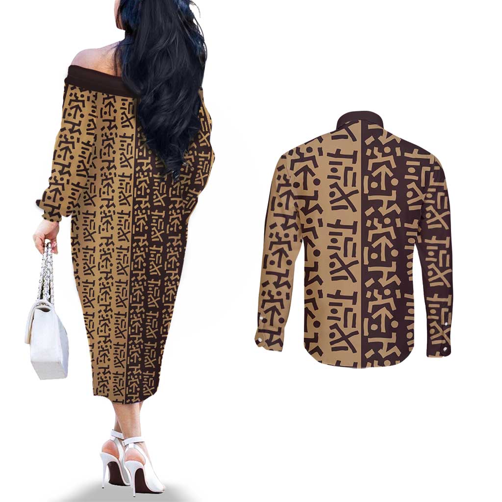 Tribe Script Couples Matching Off The Shoulder Long Sleeve Dress and Long Sleeve Button Shirt with Bold Mudcloth Symbols and Brown Tan Split Design - Wonder Print Shop