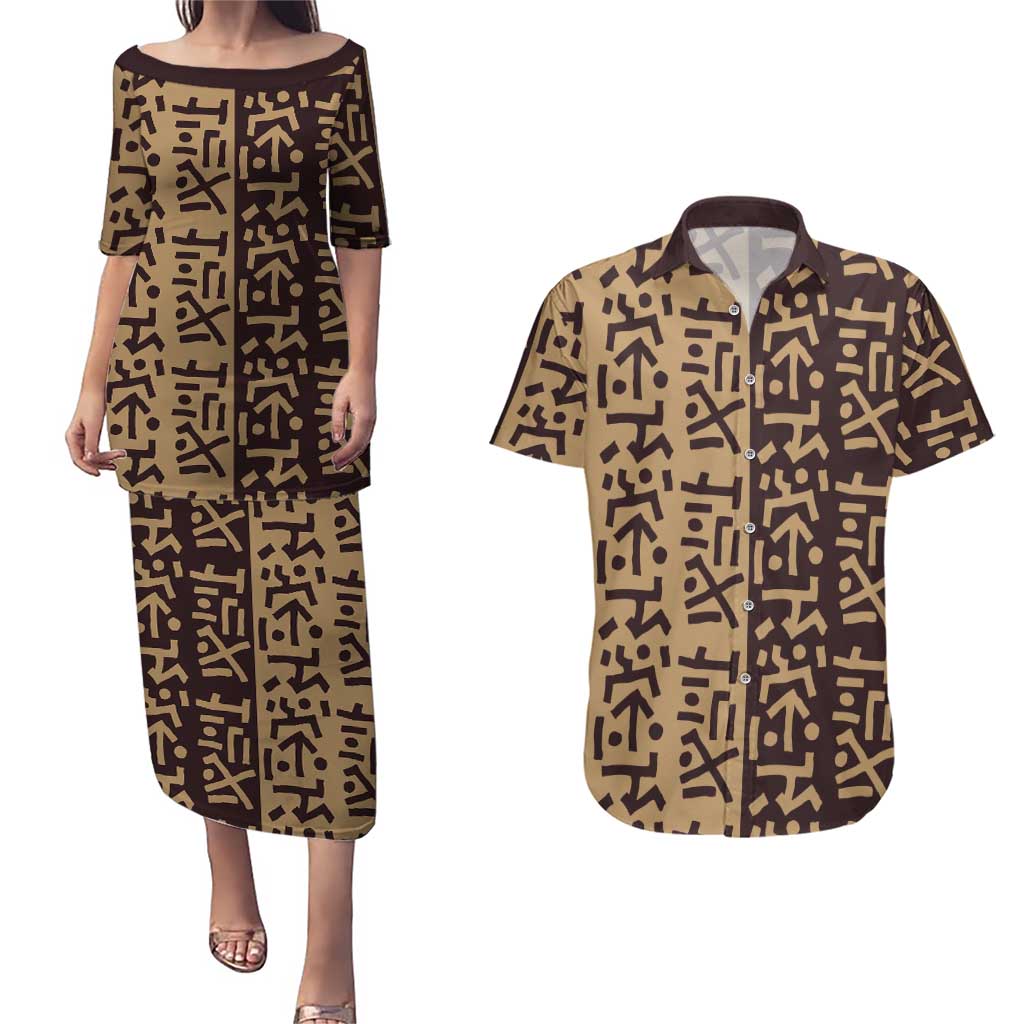 Tribe Script Couples Matching Puletasi and Hawaiian Shirt with Bold Mudcloth Symbols and Brown Tan Split Design - Wonder Print Shop