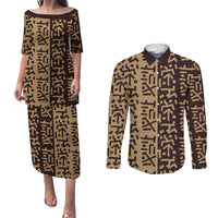 Tribe Script Couples Matching Puletasi and Long Sleeve Button Shirt with Bold Mudcloth Symbols and Brown Tan Split Design - Wonder Print Shop