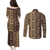 Tribe Script Couples Matching Puletasi and Long Sleeve Button Shirt with Bold Mudcloth Symbols and Brown Tan Split Design - Wonder Print Shop