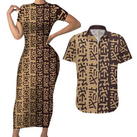 Tribe Script Couples Matching Short Sleeve Bodycon Dress and Hawaiian Shirt with Bold Mudcloth Symbols and Brown Tan Split Design - Wonder Print Shop