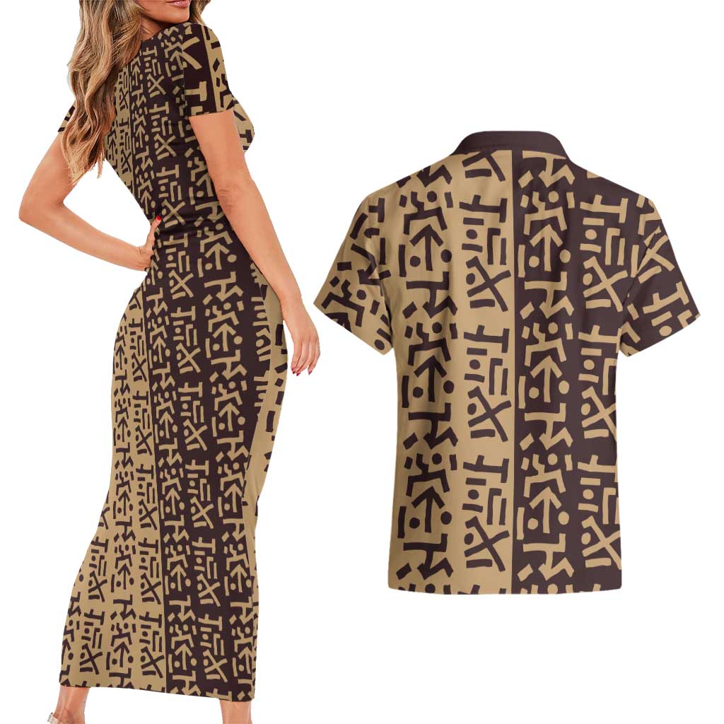 Tribe Script Couples Matching Short Sleeve Bodycon Dress and Hawaiian Shirt with Bold Mudcloth Symbols and Brown Tan Split Design - Wonder Print Shop